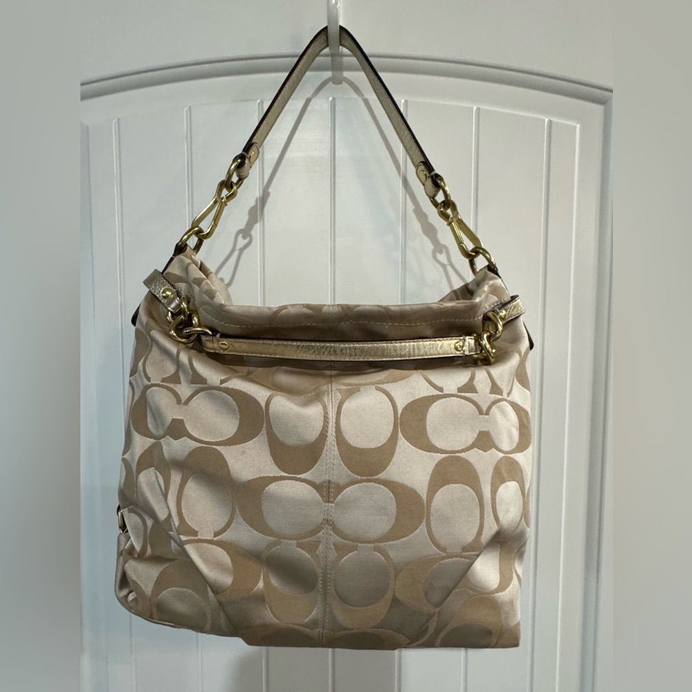 “COACH” Satchel Shoulder Bag—Beige & Gold Sateen w/ Gold Hardware